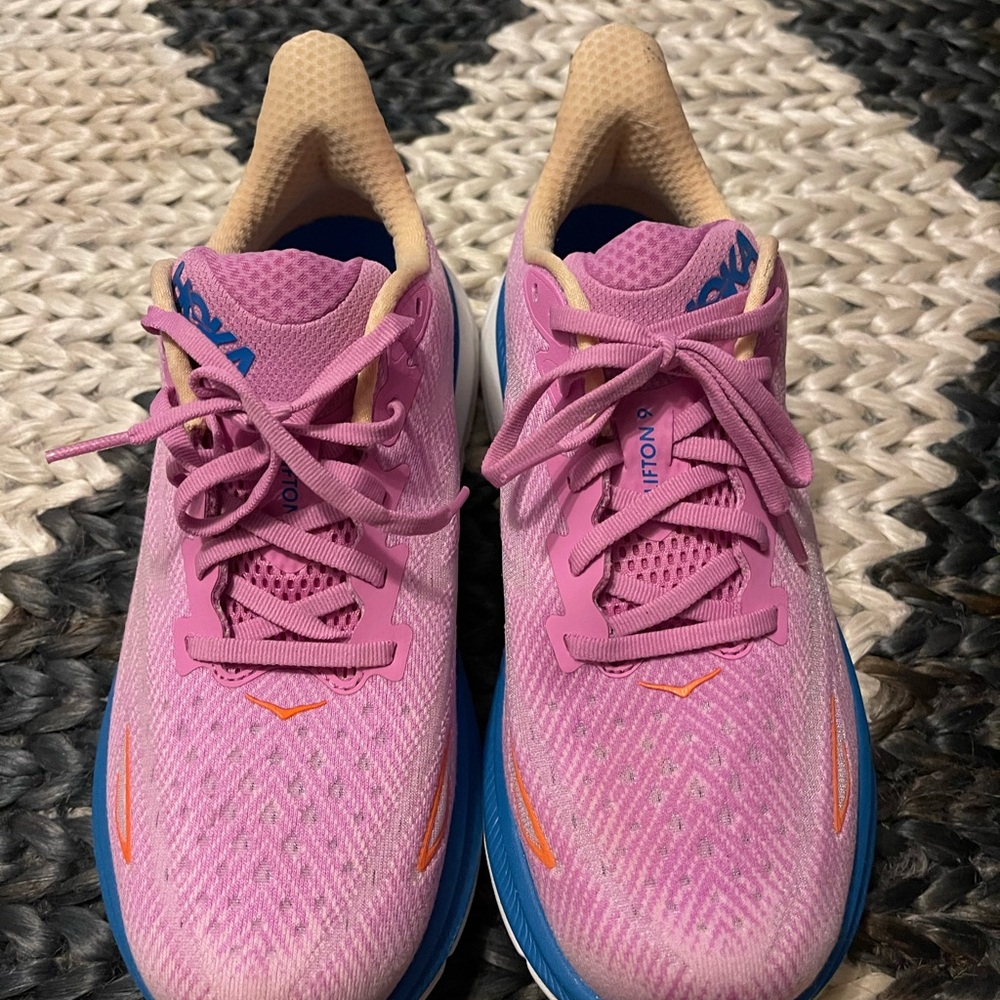 Hoka Women's Pink and Blue Clifton 9